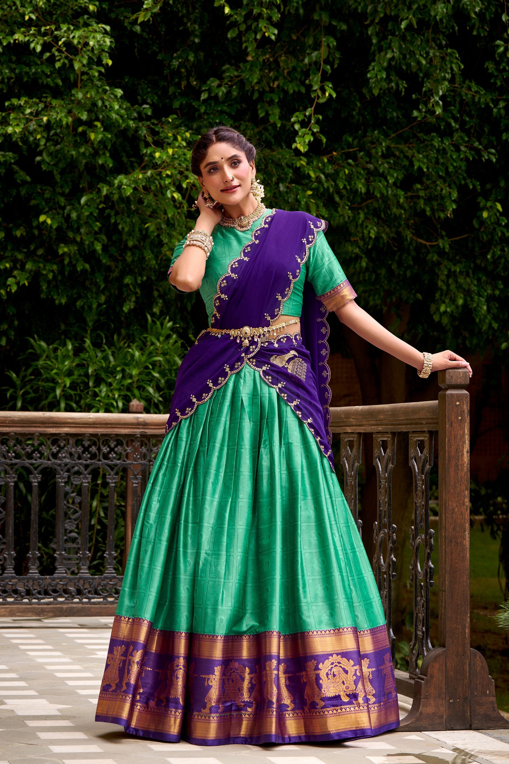 Beige Green Pure Poly Cotton Zari Weaving Lehenga Choli