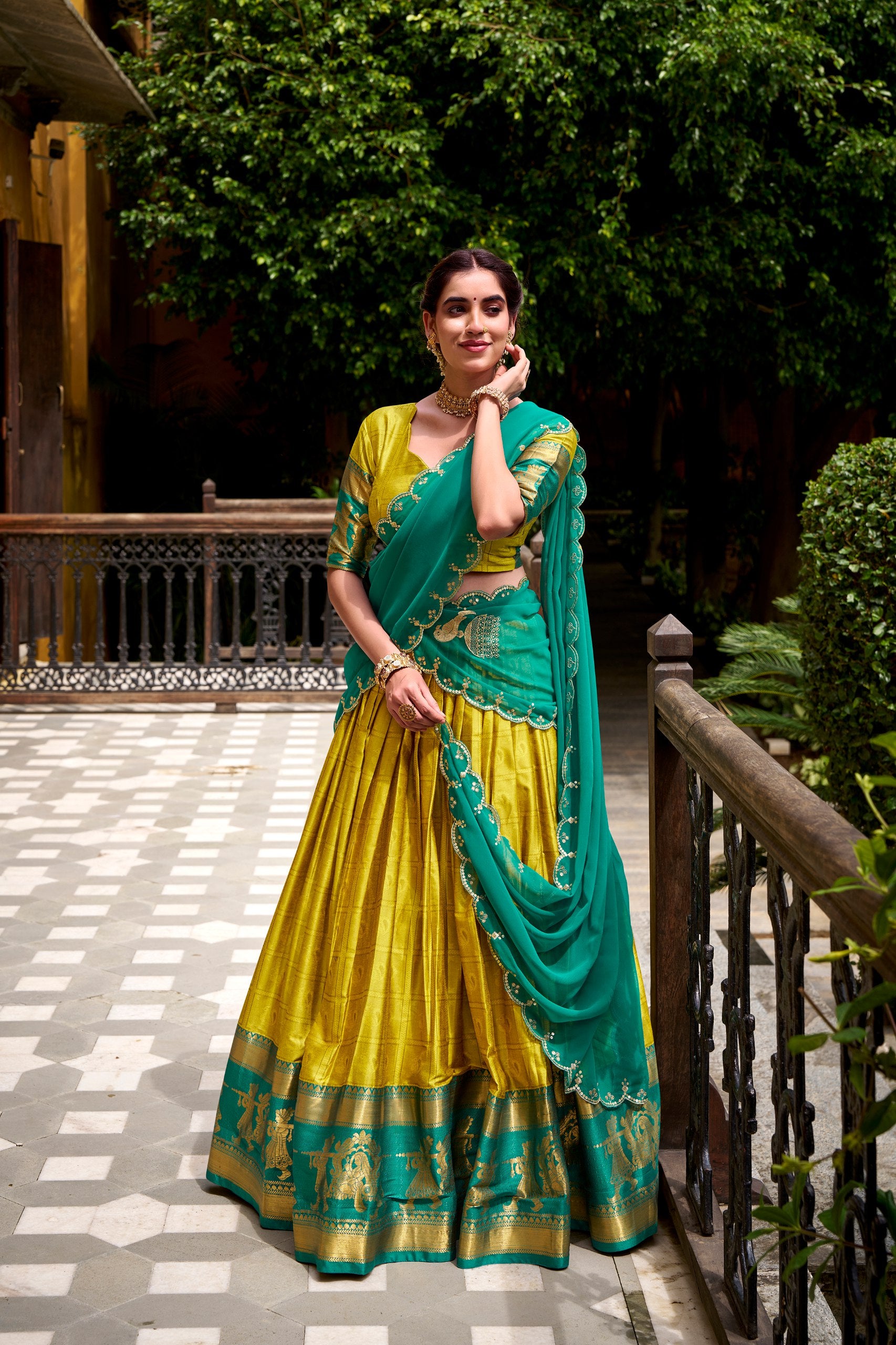 Yellow Pure Poly Cotton Zari Weaving Lehenga Choli