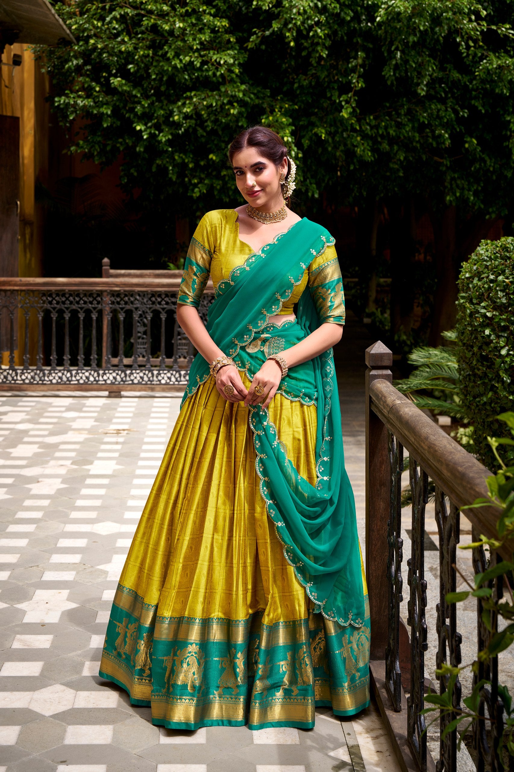 Yellow Pure Poly Cotton Zari Weaving Lehenga Choli
