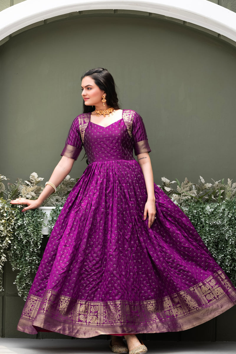 Purple Pure Soft Silk Zari Weaving Anarkali Gown