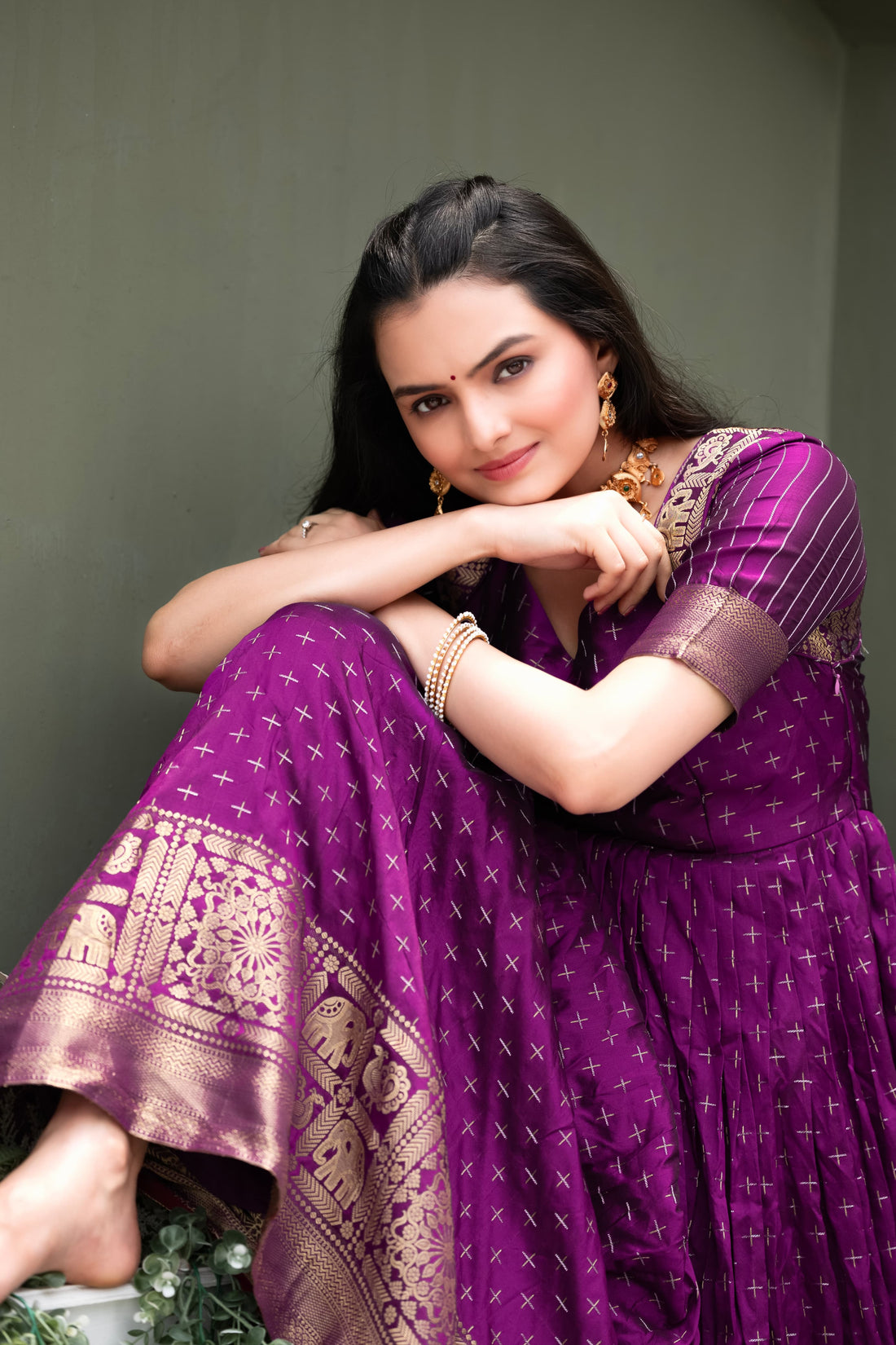 Purple Pure Soft Silk Zari Weaving Anarkali Gown