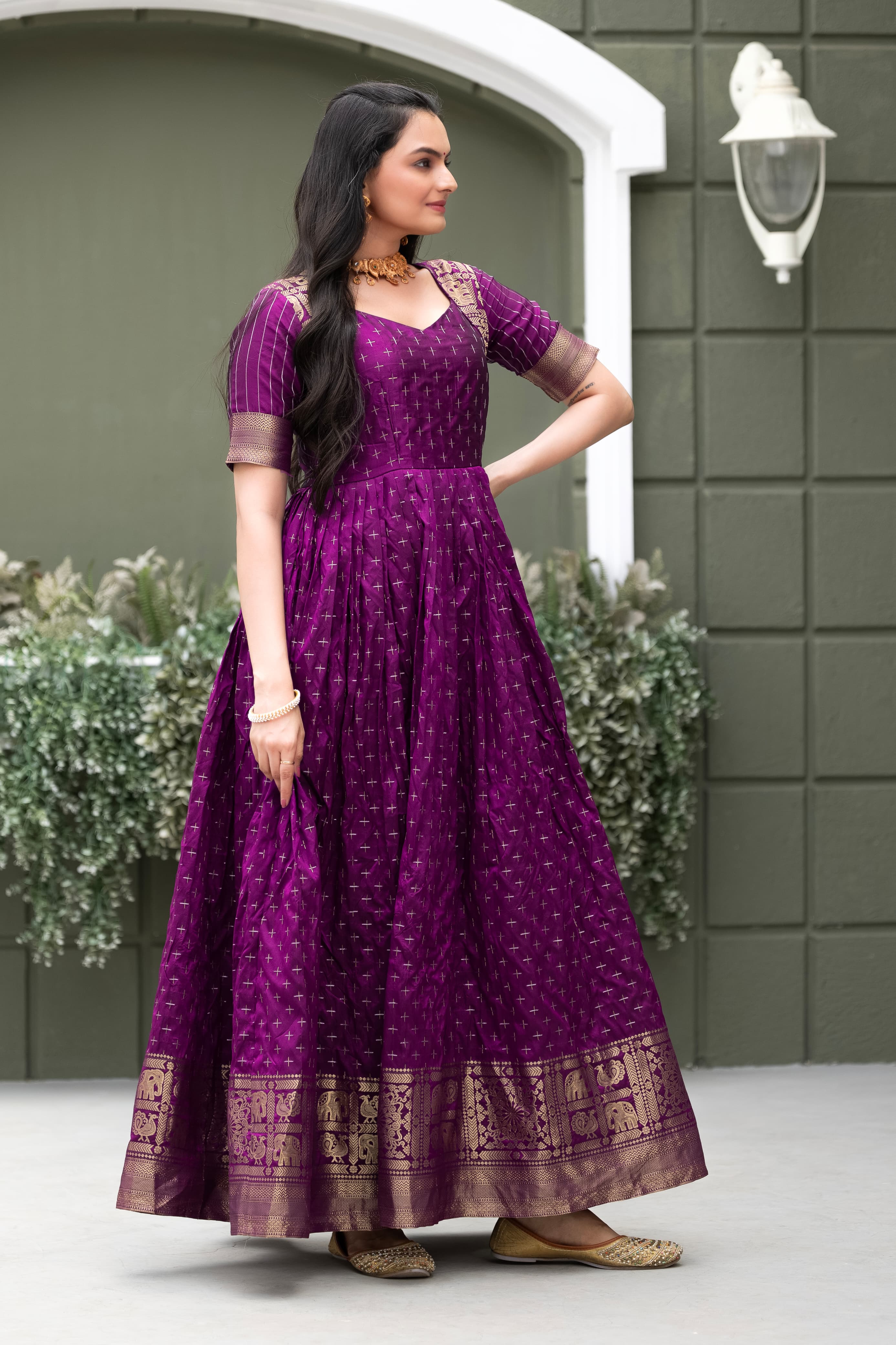 Purple Pure Soft Silk Zari Weaving Anarkali Gown