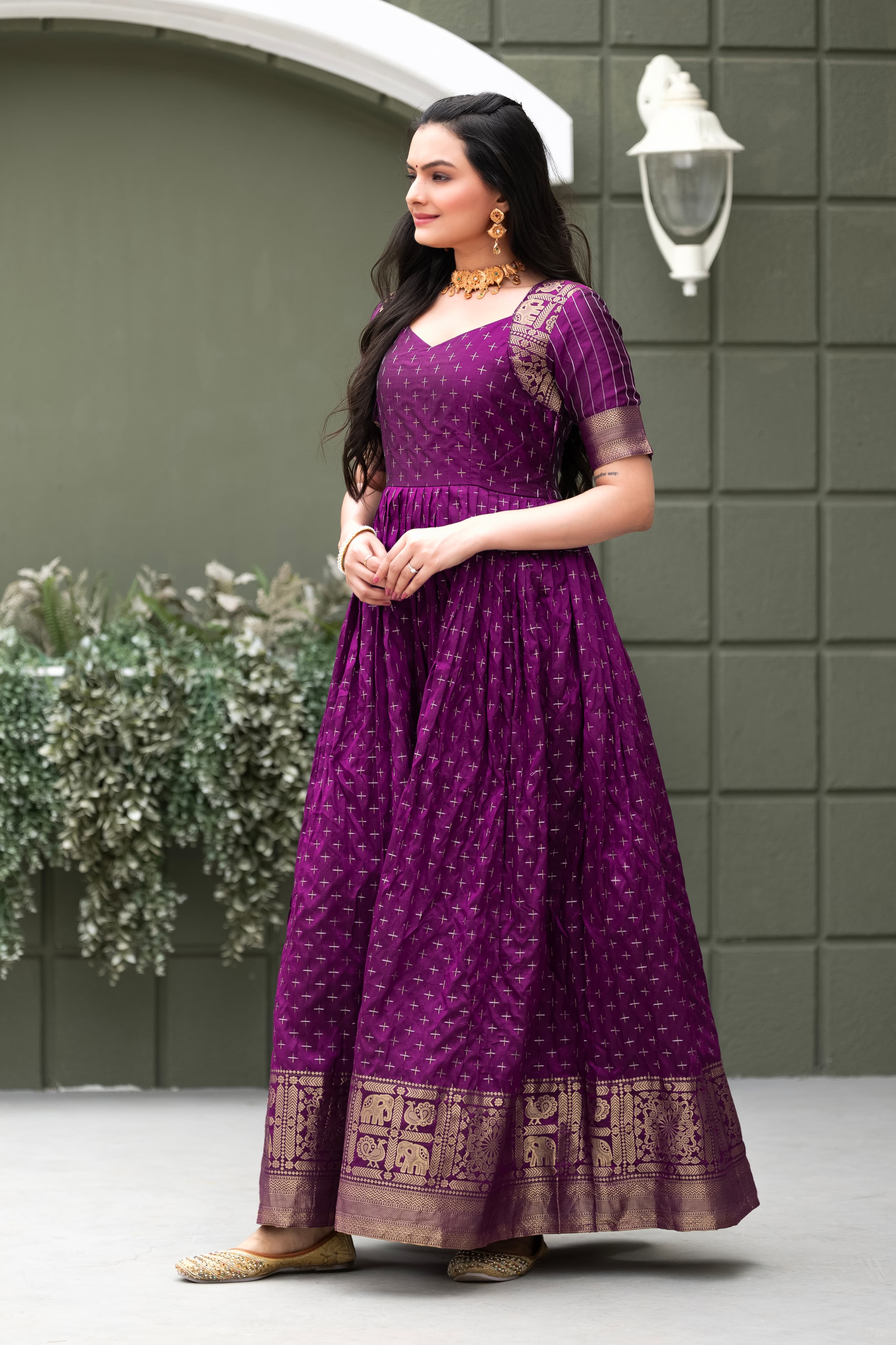 Purple Pure Soft Silk Zari Weaving Anarkali Gown
