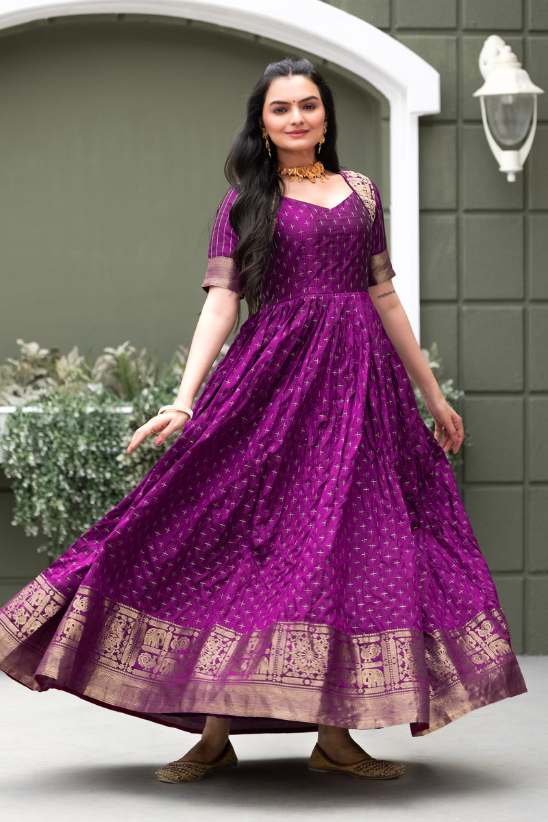 Purple Pure Soft Silk Zari Weaving Anarkali Gown