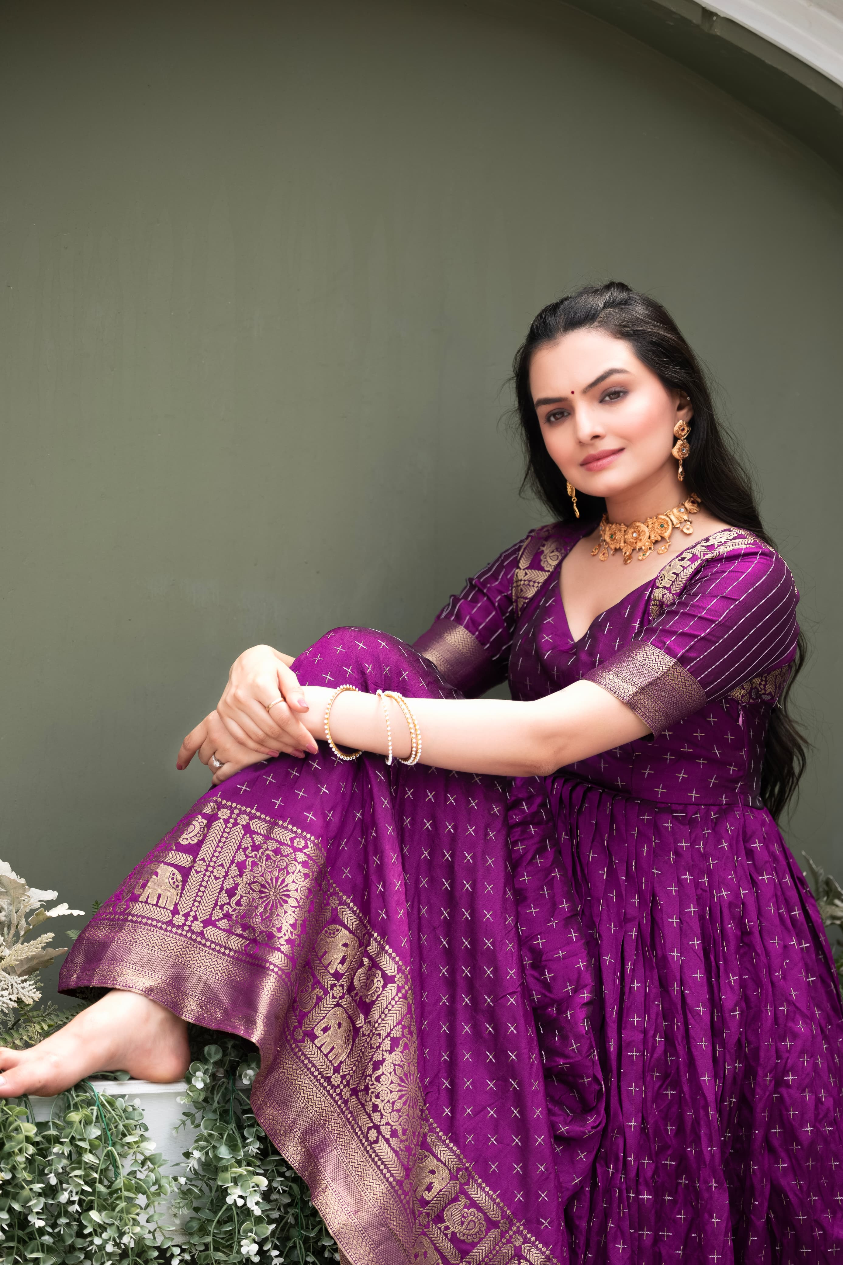 Purple Pure Soft Silk Zari Weaving Anarkali Gown