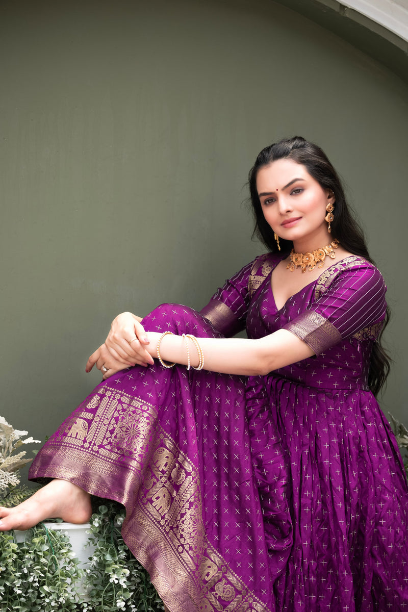 Purple Pure Soft Silk Zari Weaving Anarkali Gown