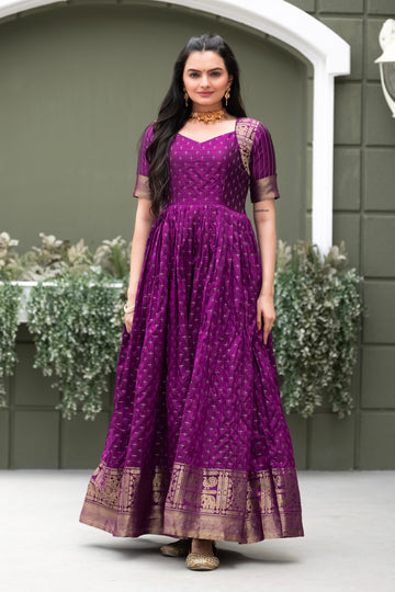 Purple Pure Soft Silk Zari Weaving Anarkali Gown