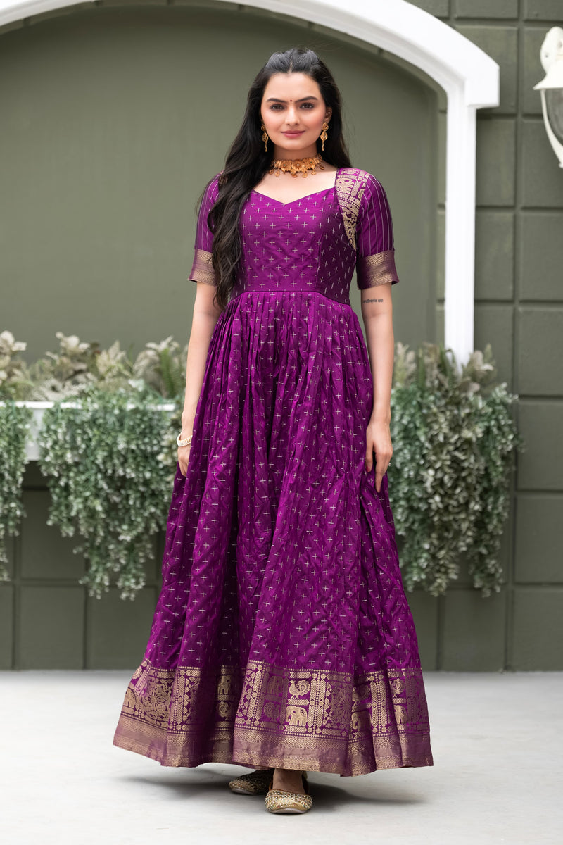 Purple Pure Soft Silk Zari Weaving Anarkali Gown