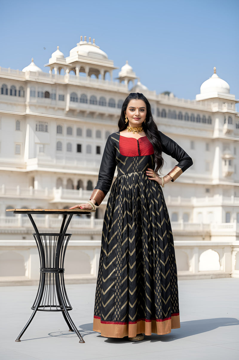 Black Pure Soft Silk Zari Weaving Anarkali Gown