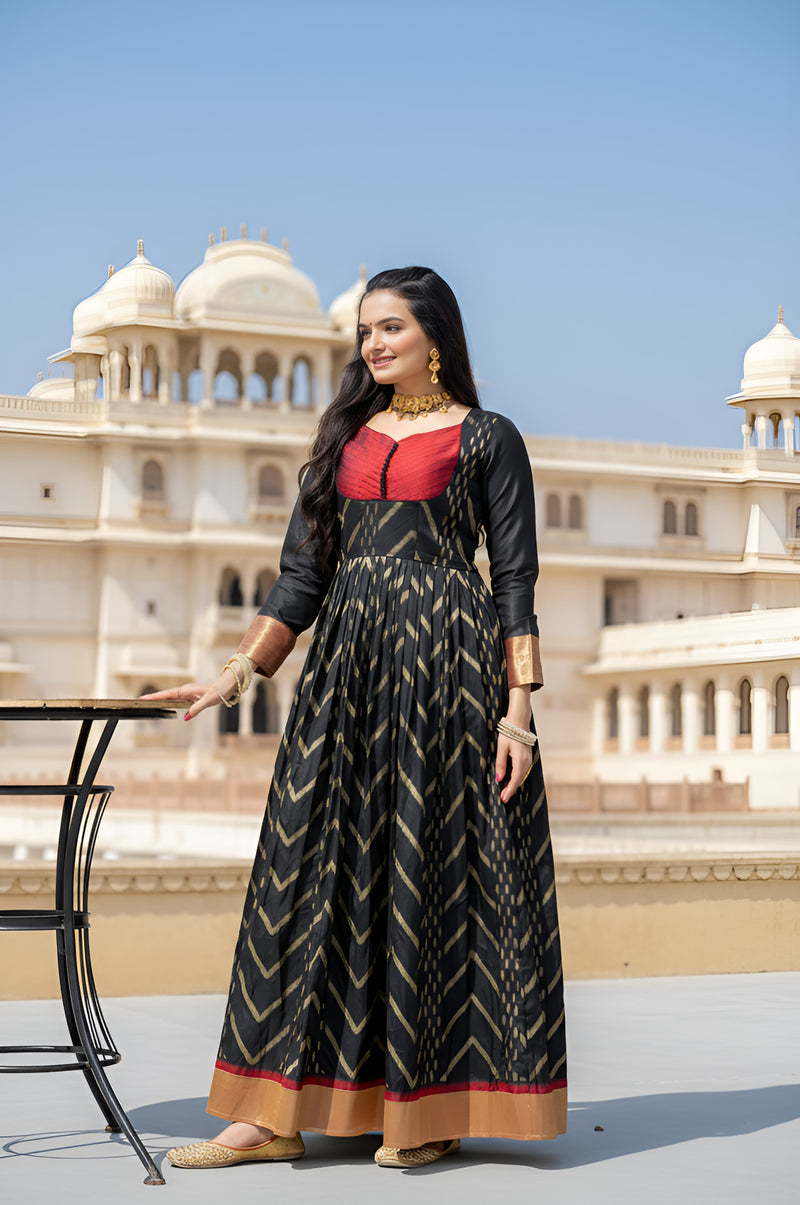 Black Pure Soft Silk Zari Weaving Anarkali Gown