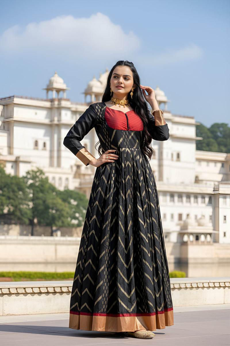 Black Pure Soft Silk Zari Weaving Anarkali Gown