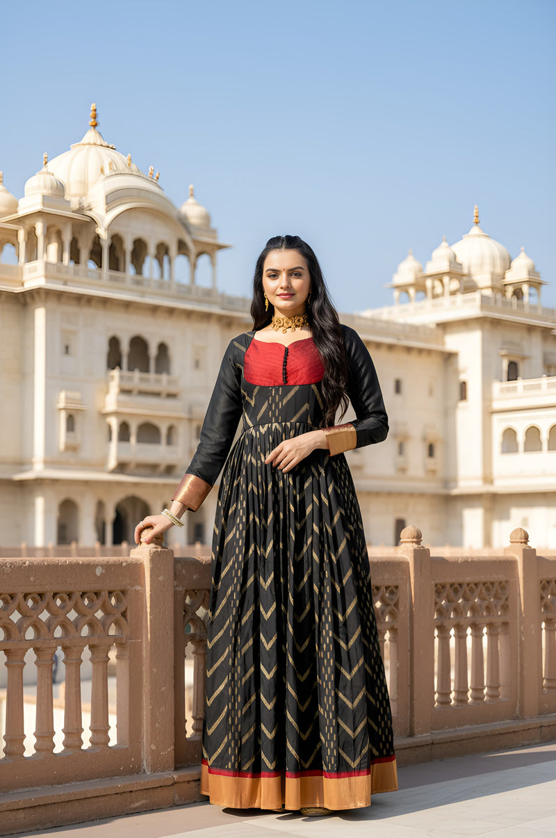 Black Pure Soft Silk Zari Weaving Anarkali Gown