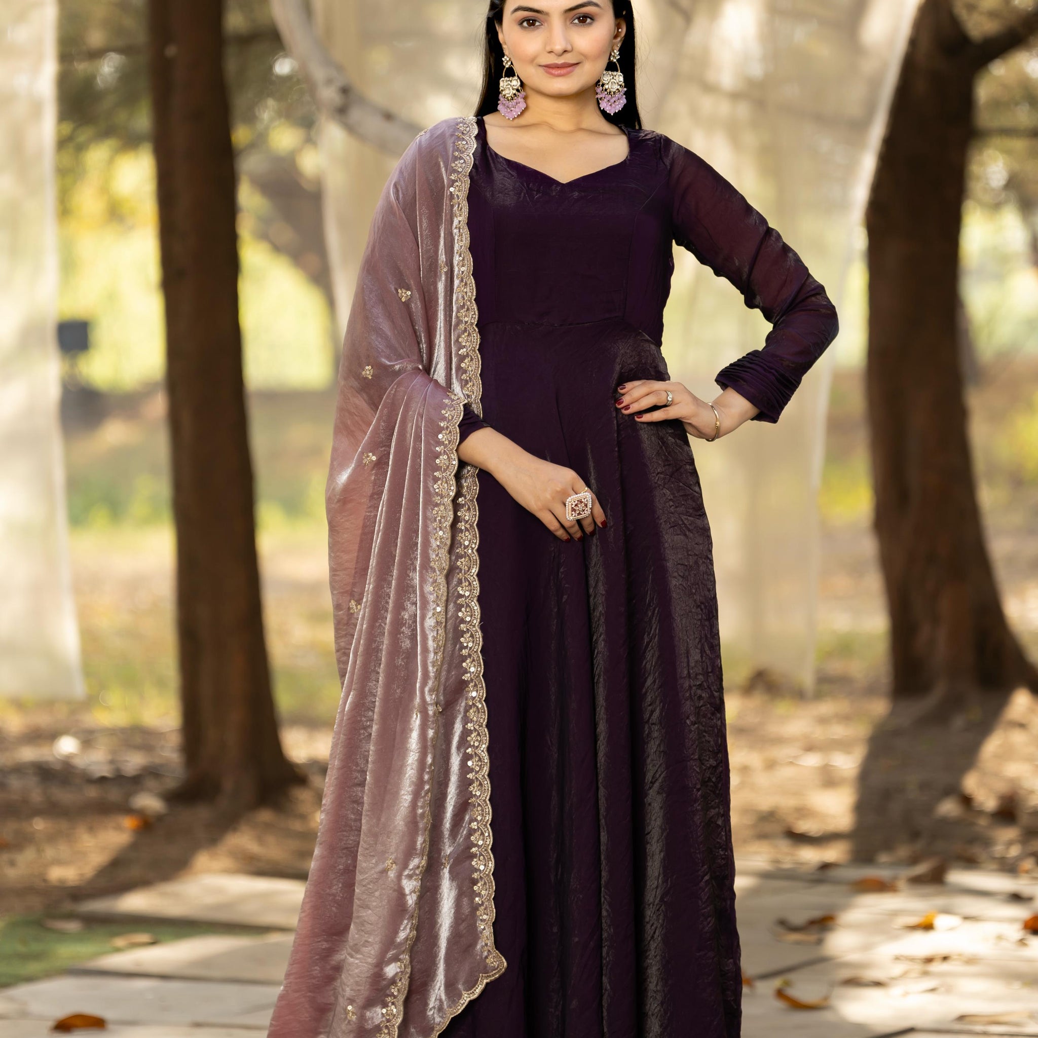 Deep Purples Pure Space Silk Anarkali Gown