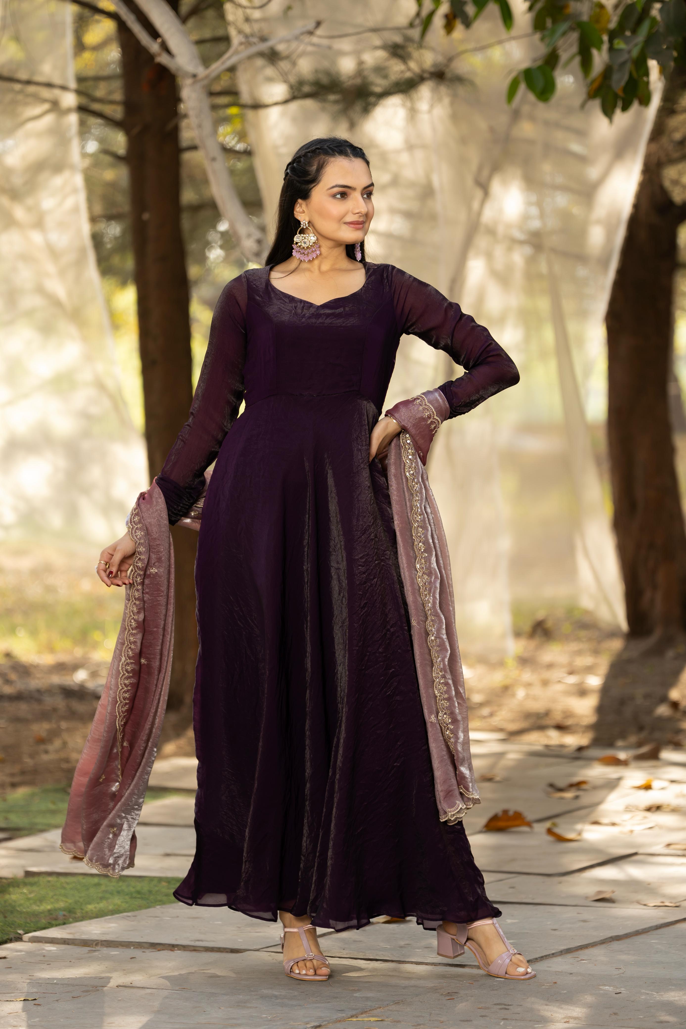 Deep Purples Pure Space Silk Anarkali Gown