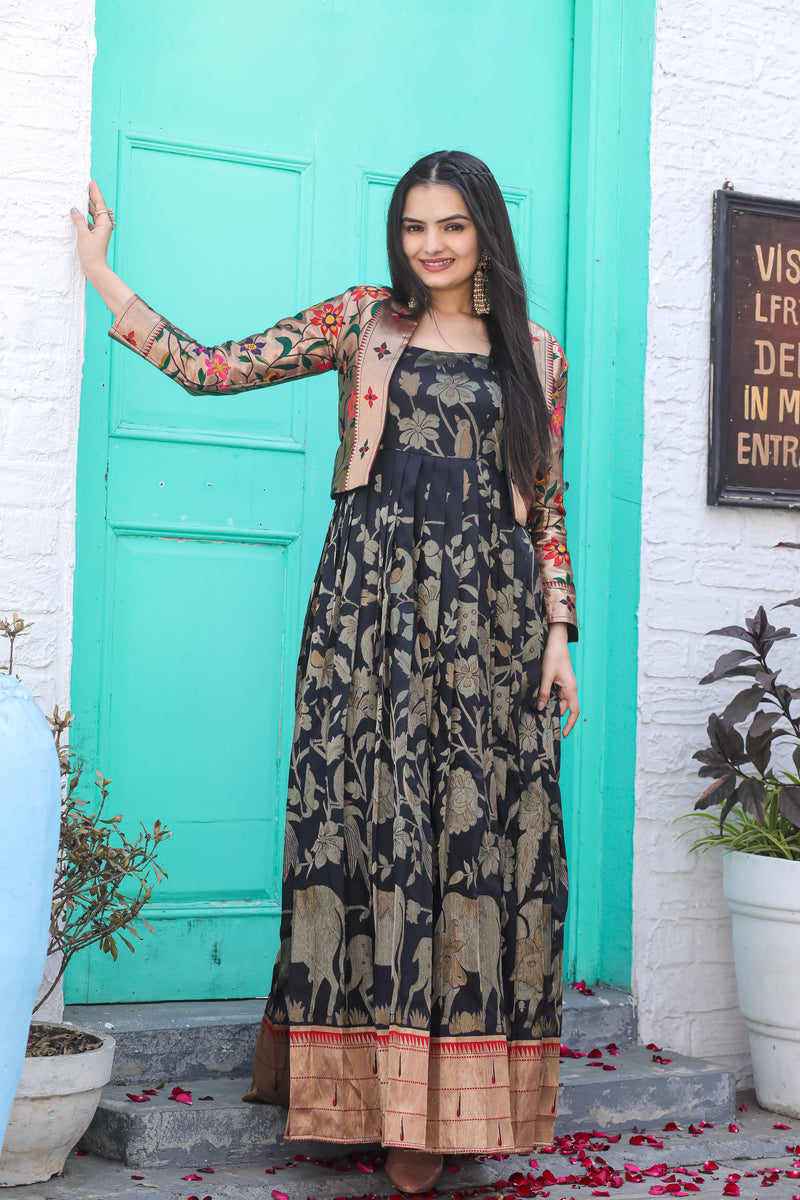 Black Pure Paithani Silk Anarkali Gown