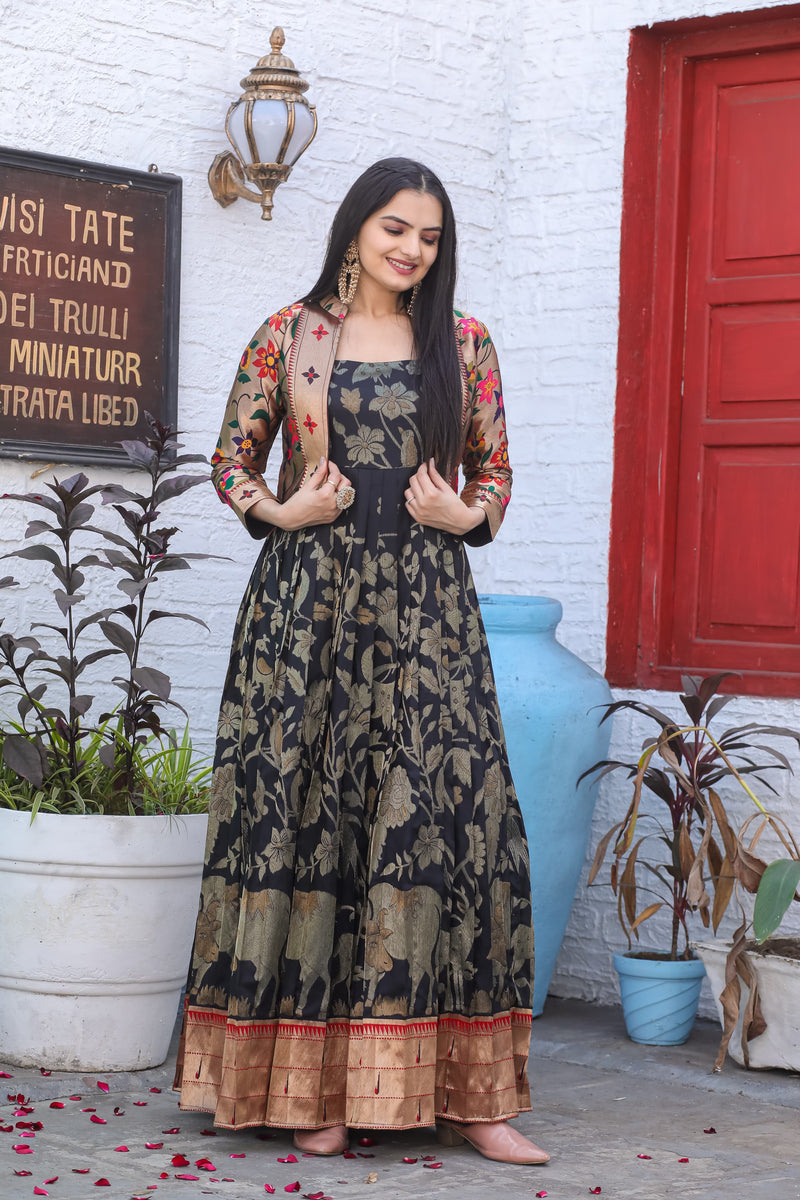 Black Pure Paithani Silk Anarkali Gown
