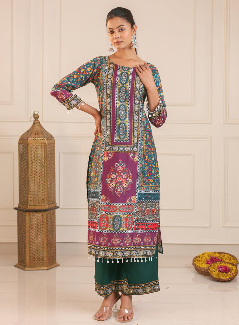 Green Pure Heavy Muslin Floral Print Suit