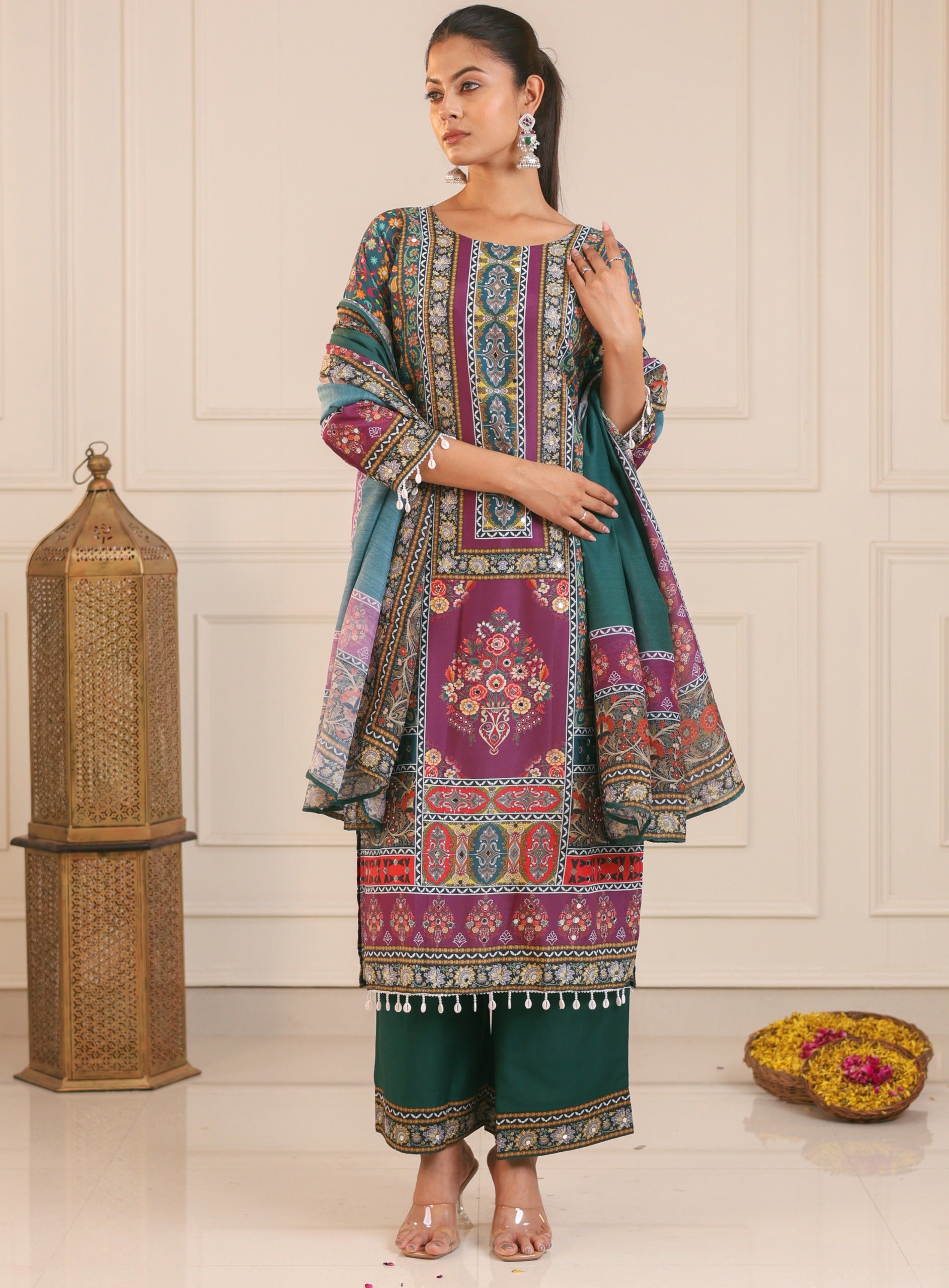 Green Pure Heavy Muslin Floral Print Suit kurti set Anant Tex Exports Pvt.Ltd..