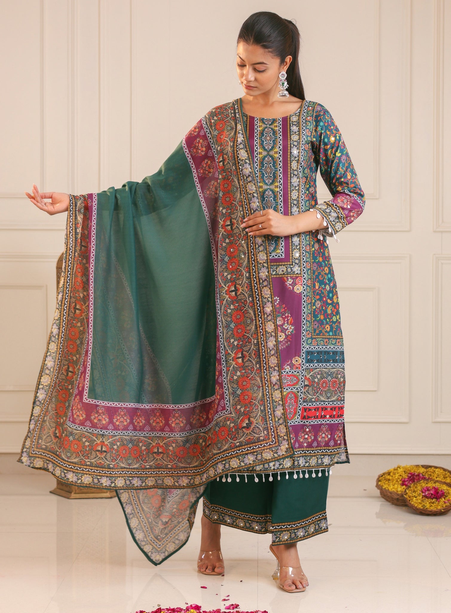 Green Pure Heavy Muslin Floral Print Suit