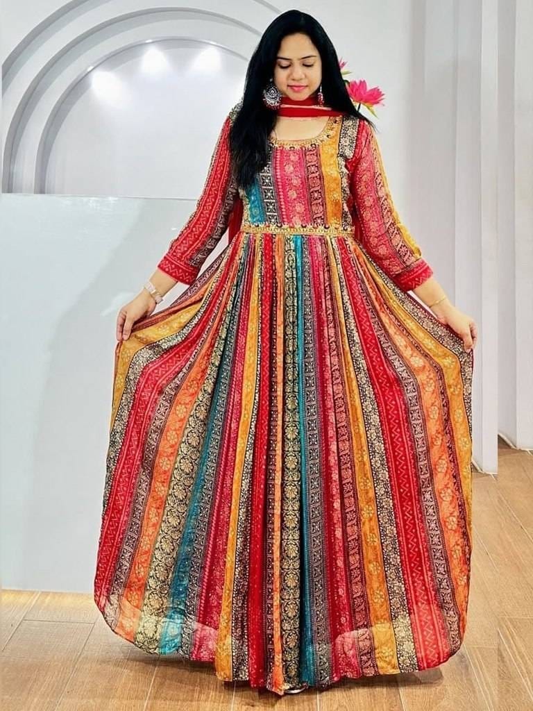 Multicolour Pure Muslin Silk Anarkali Gown
