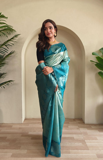 Teal Blue Pure Banarasi Weaving Saree