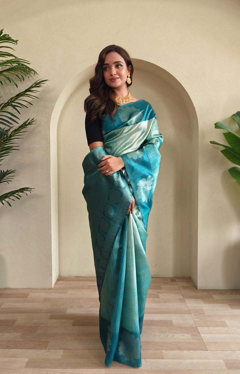 Teal Blue Pure Banarasi Weaving Saree