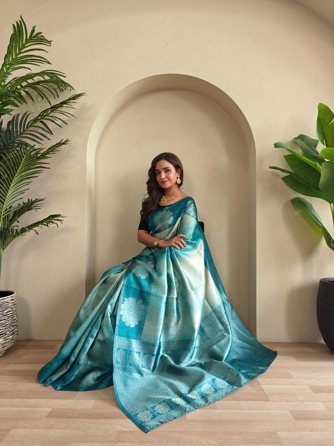 Teal Blue Pure Banarasi Weaving Saree