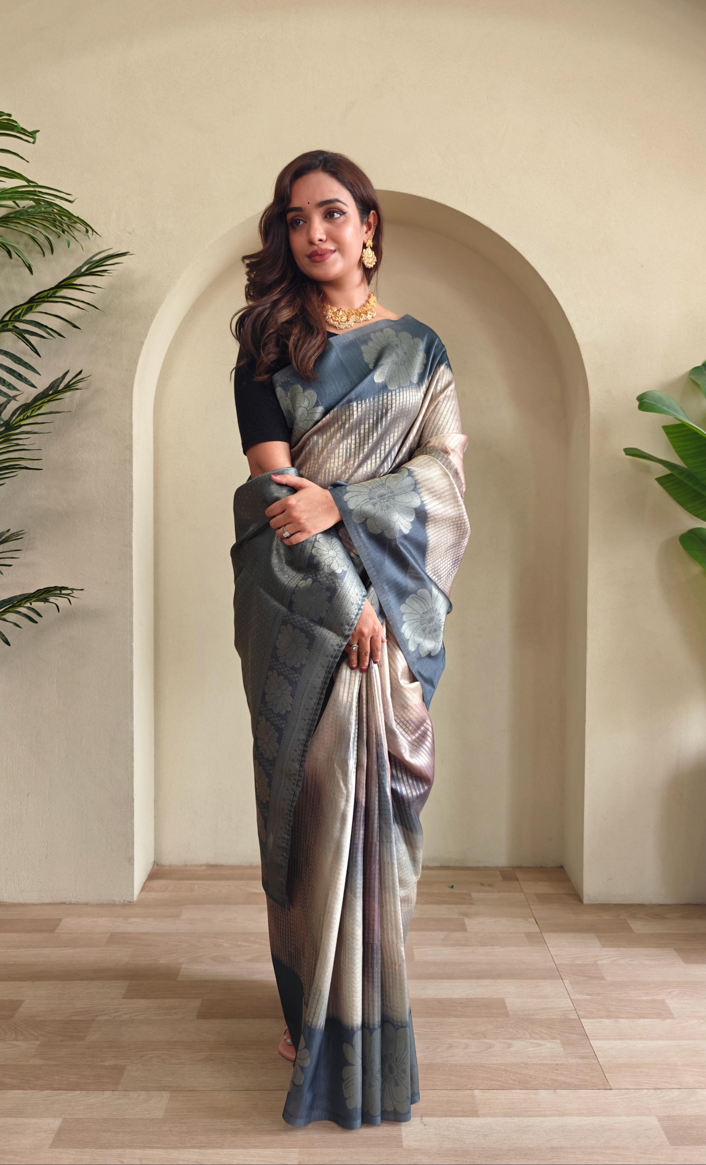Bluish Grey Pure Banarasi Weaving Saree