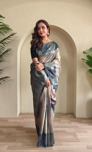 Bluish Grey Pure Banarasi Weaving Saree