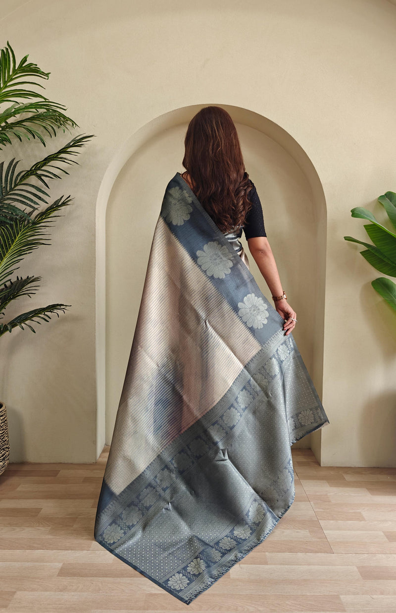 Bluish Grey Pure Banarasi Weaving Saree