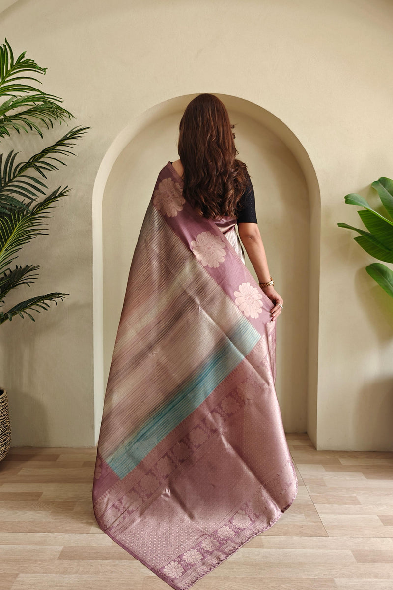Rosy Pink Grey Pure Banarasi Weaving Saree