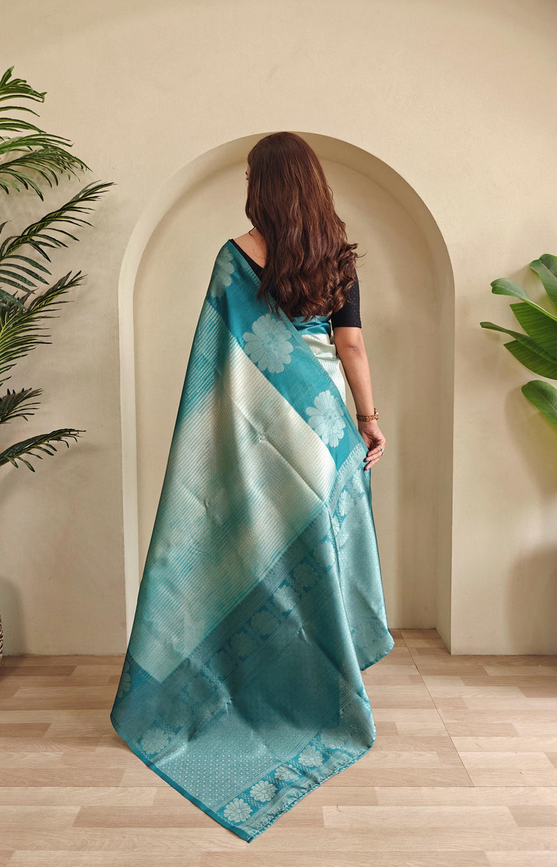 Teal Blue Pure Banarasi Weaving Saree