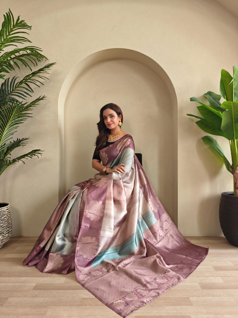 Rosy Pink Grey Pure Banarasi Weaving Saree