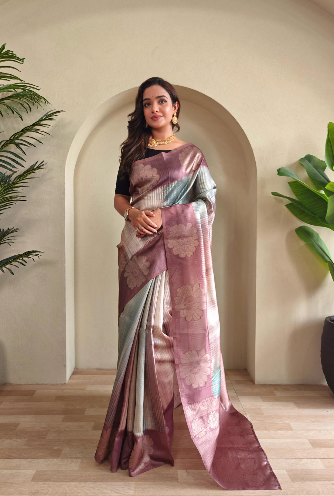 Rosy Pink Grey Pure Banarasi Weaving Saree