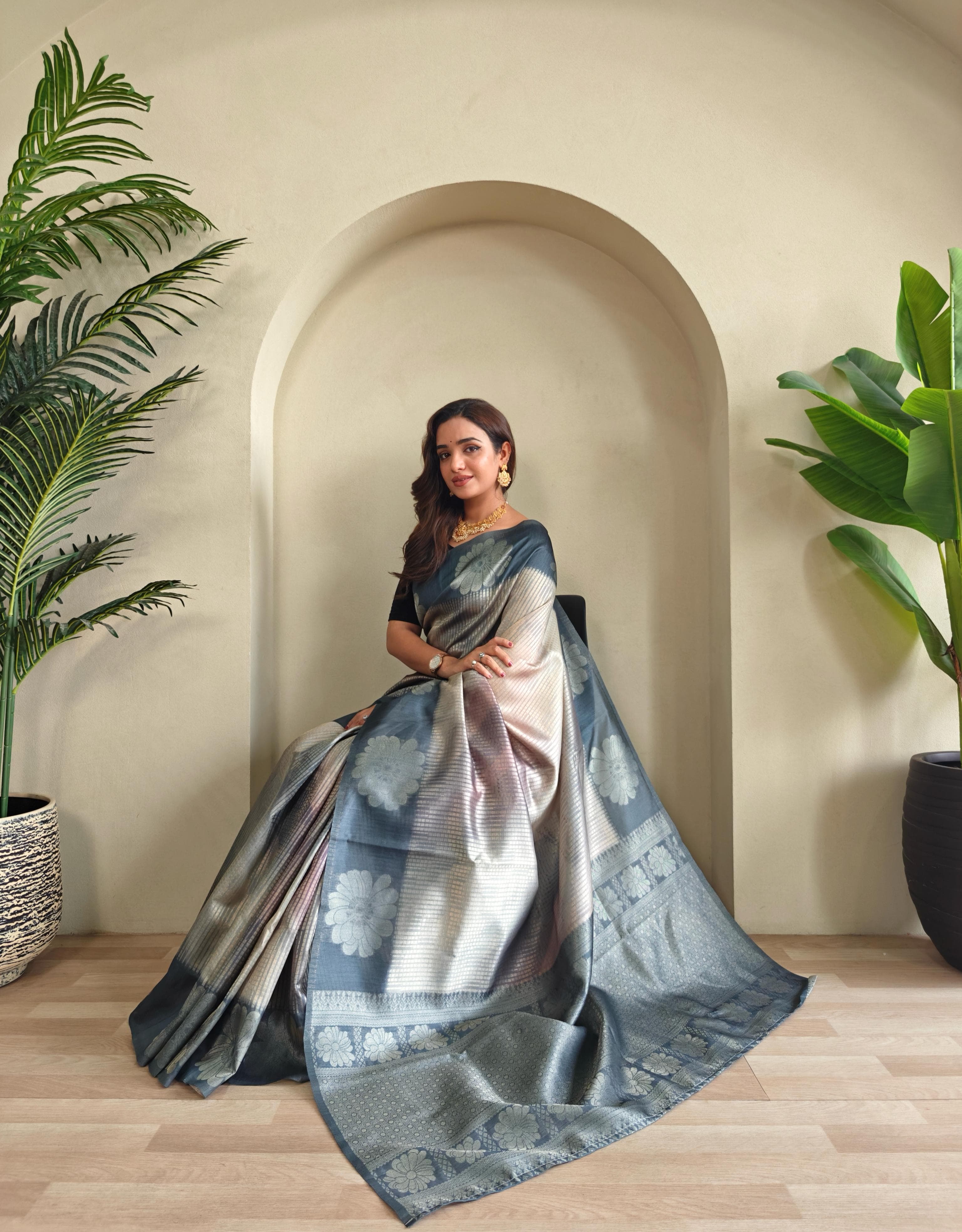 Bluish Grey Pure Banarasi Weaving Saree