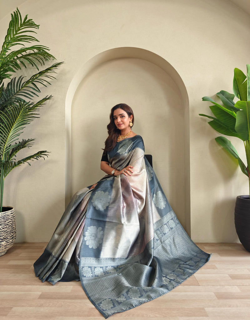 Bluish Grey Pure Banarasi Weaving Saree