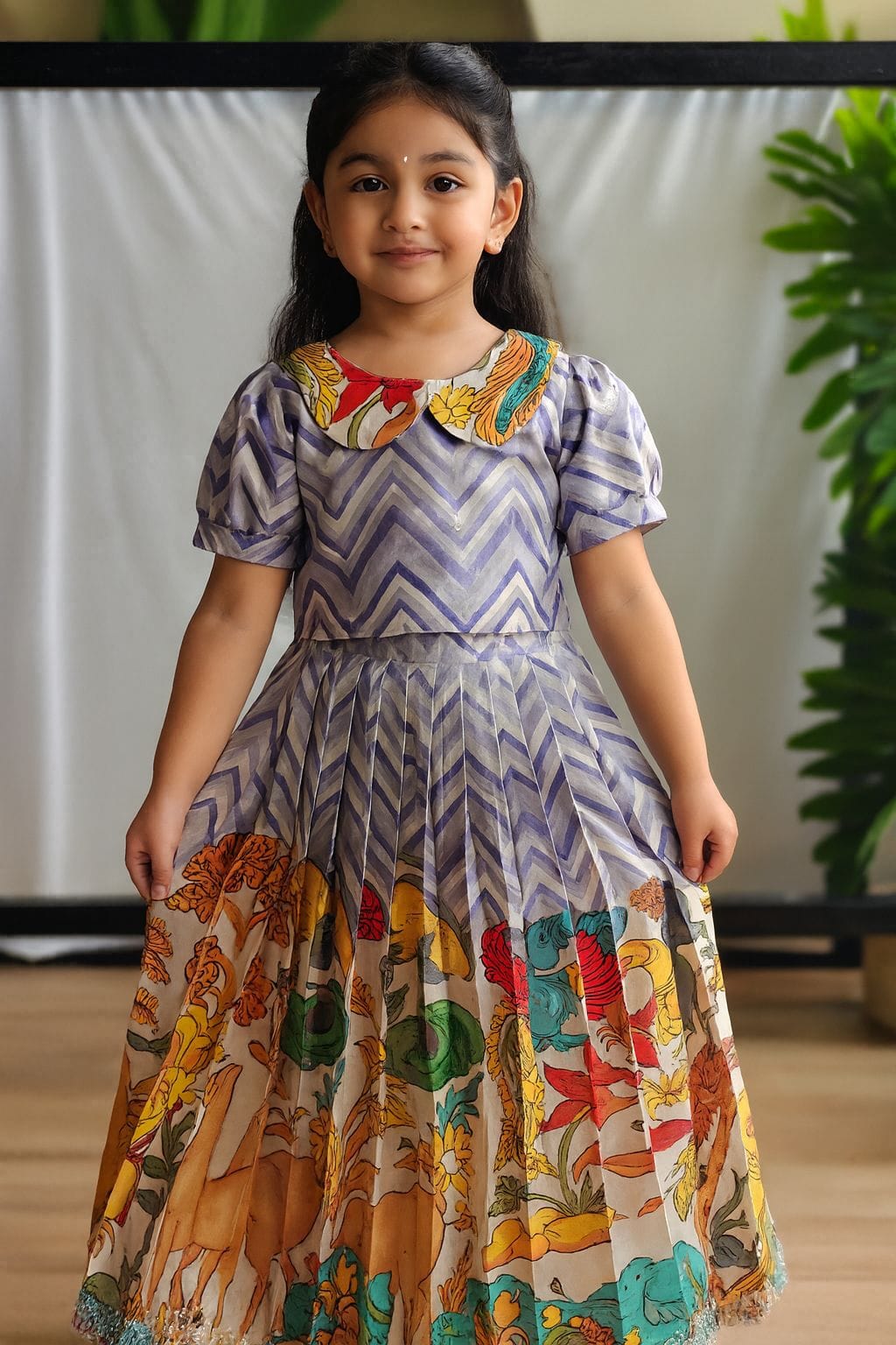 Grey Colour Pure Tussar Kalamkari Print Kid's Dress