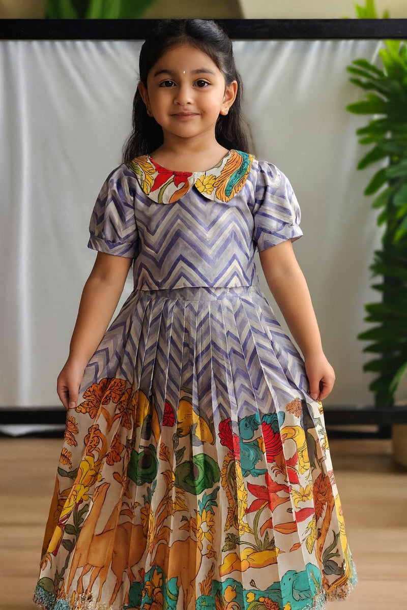 Grey Colour Pure Tussar Kalamkari Print Kid's Dress
