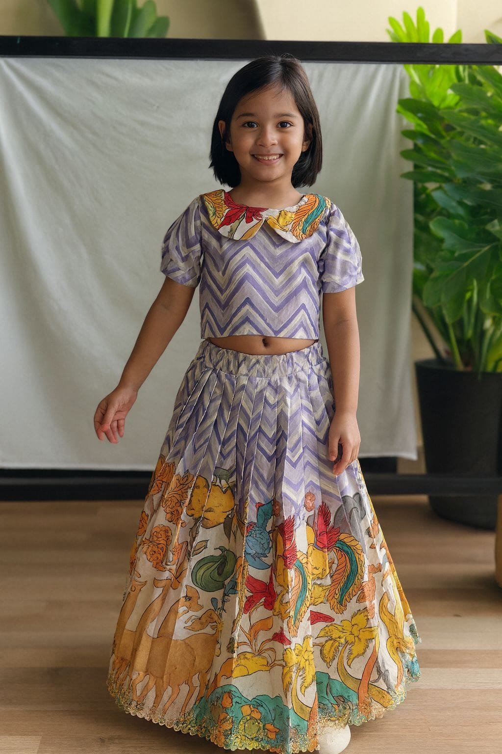Grey Colour Pure Tussar Kalamkari Print Kid's Dress