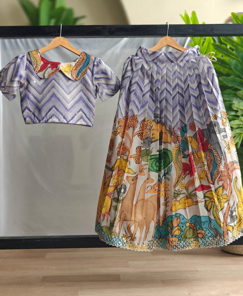 Grey Colour Pure Tussar Kalamkari Print Kid's Dress