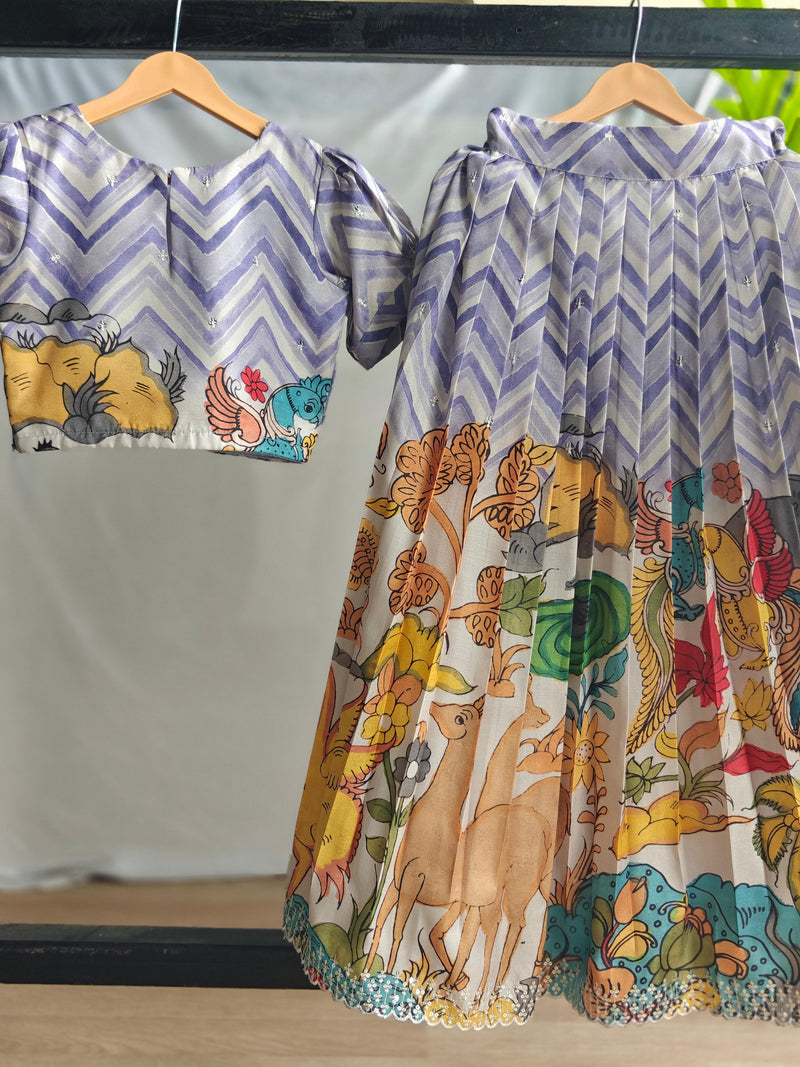 Grey Colour Pure Tussar Kalamkari Print Kid's Dress