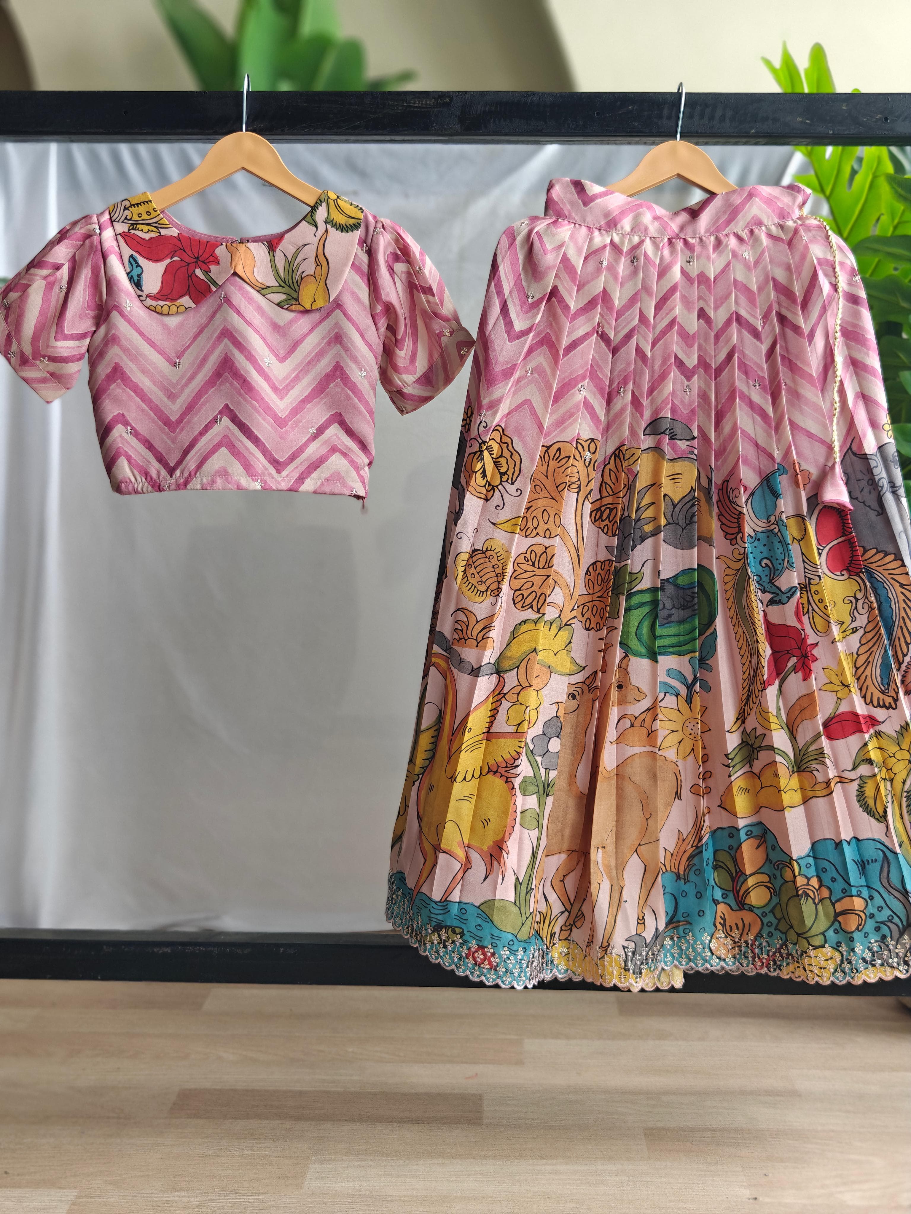 Pink Colour Pure Tussar Kalamkari Print Kid's Dress