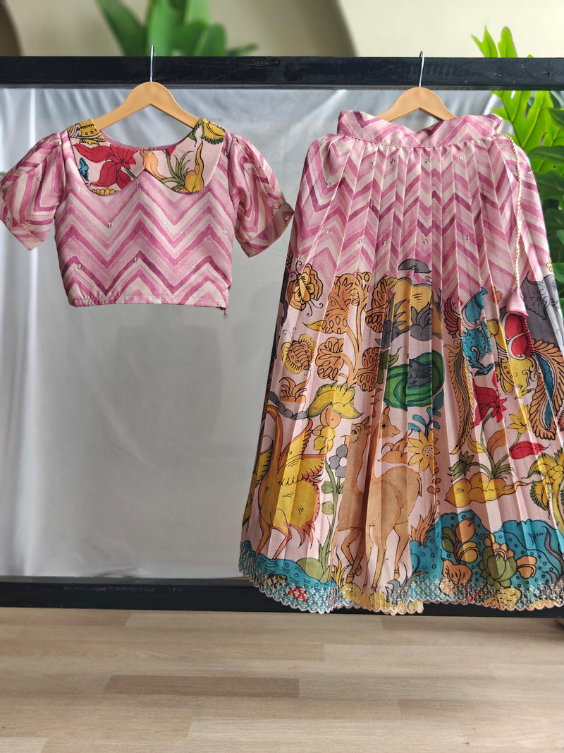 Pink Colour Pure Tussar Kalamkari Print Kid's Dress