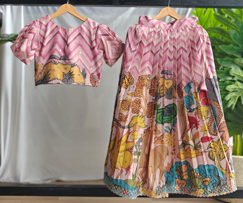 Pink Colour Pure Tussar Kalamkari Print Kid's Dress
