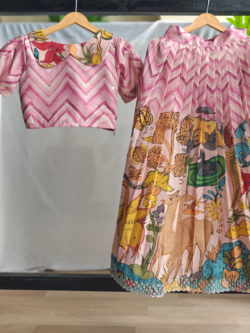 Pink Colour Pure Tussar Kalamkari Print Kid's Dress