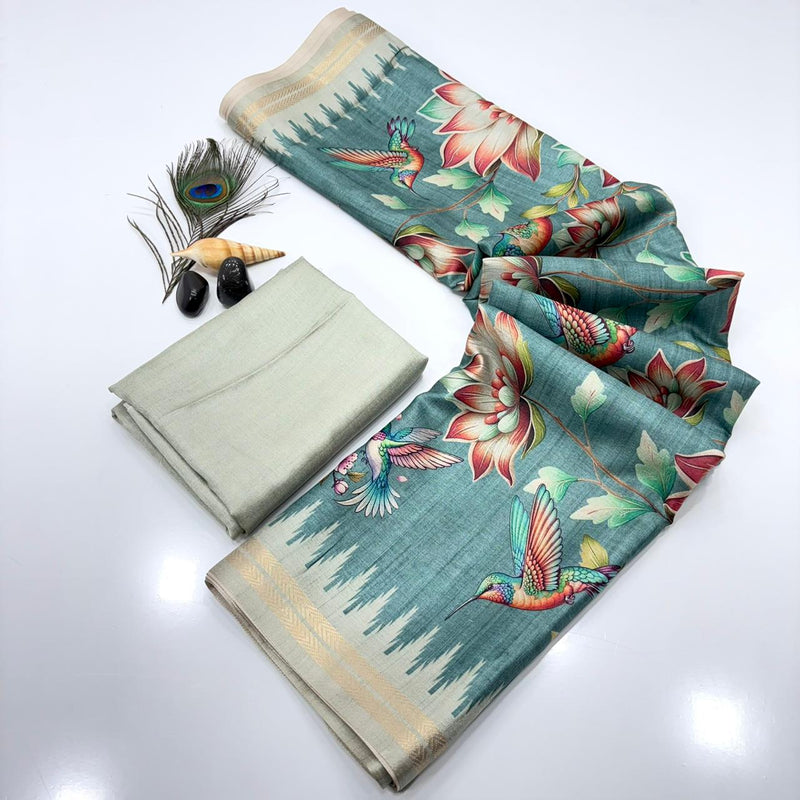 Teal Pure Soft Tussar Silk Saree