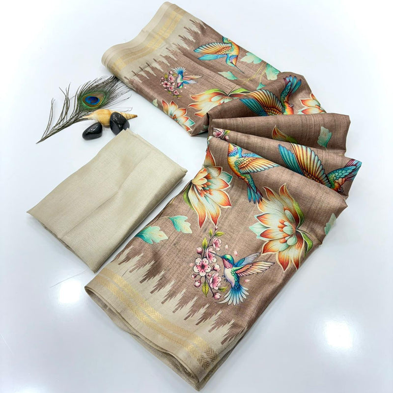 Brown Pure Soft Tussar Silk Saree