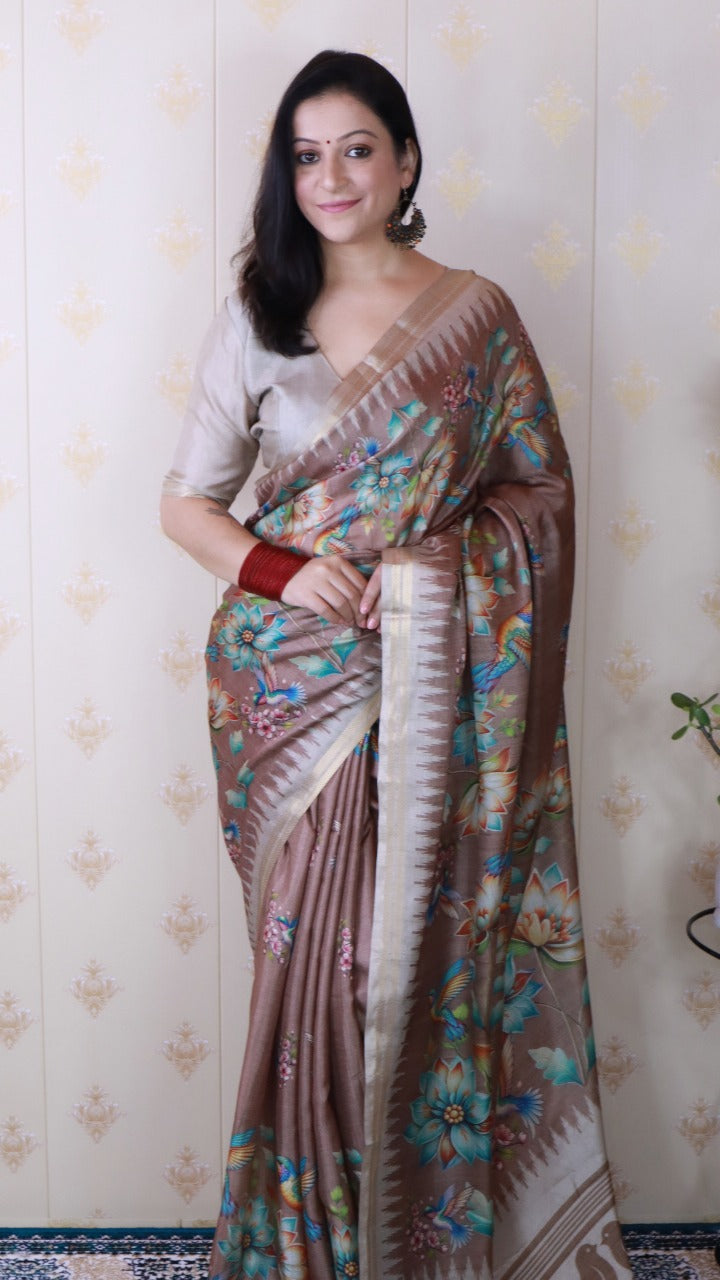 Brown Pure Soft Tussar Silk Saree