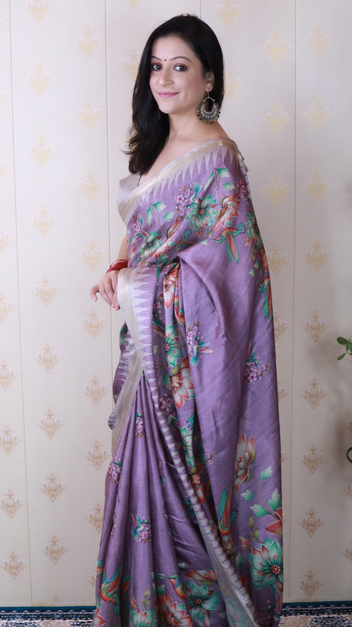 Lavender Pure Soft Tussar Silk Saree