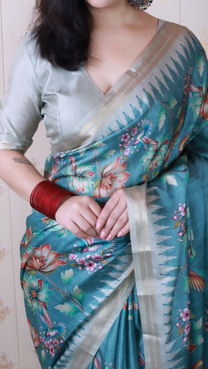 Teal Pure Soft Tussar Silk Saree